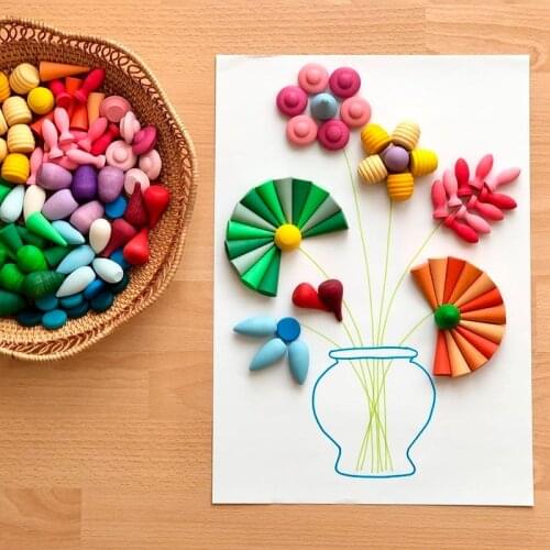 6pcs Loose Parts Toys Beech Creative Nordic Wooden Blocks Mushrooms Honeycomb Droplets Tree Cones Mini Cones Building Blocks