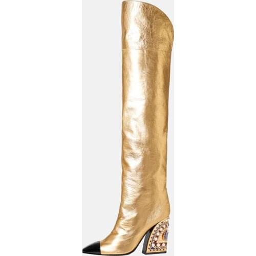 Arden Furtado 2020 Fashion Womens Shoes chunky Heels Elegant Womens Boots black zipper gold over the knee thigh high Boots 45