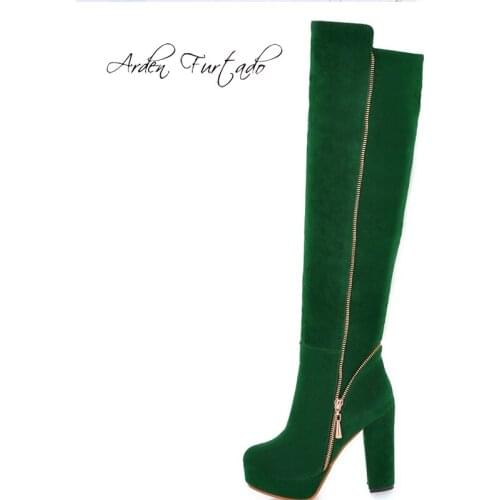 Arden Furtado Fashion Womens Shoes Winter Round Toe chunky heels Womens Boots green suede zipper Knee High Boots big size 43