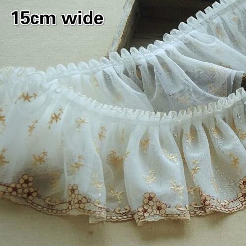 15 cm Wide White Mesh Fabric Gold Thread Embroidered Lace DIY Ladies Childrens Clothing Skirt Trim Convenient Sewing Decoration