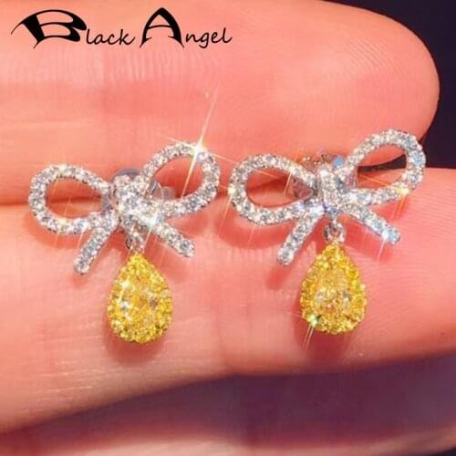 BLACK ANGEL 925 Silver Shiny Bling Bowknot Inset Luxury Citrine Pink CZ Gemstone Stud Earrings for Women Jewelry Wedding Gift