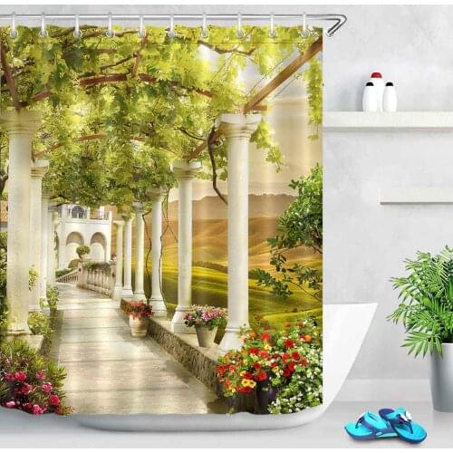 Digital Ancient Arch with View on the Sea Piers Scenic Polyester Waterproof Shower Curtains Bathroom Fabric Bathtub Decor