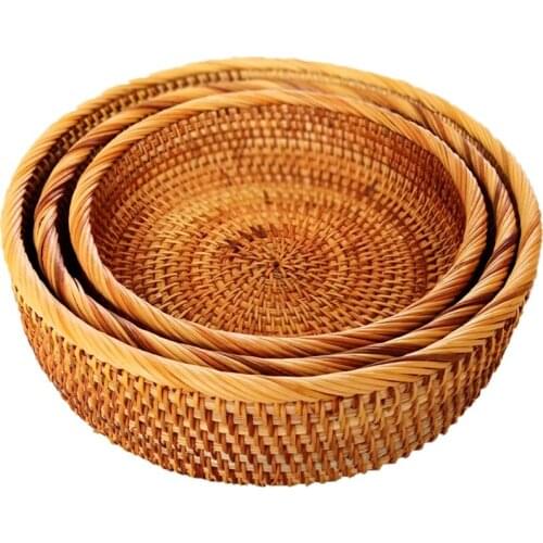Hadewoven Round Rattan Fruit Basket Wicker Food Tray Weaving Storage Holder Dinning Room Bowl (3-Size Kit)