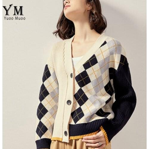 YuooMuoo Brand Fashion Geometric Knitted Cardigan Sweater Women 2021 Long Sleeve Sweater Autumn Winter Jumper Casual Outwear