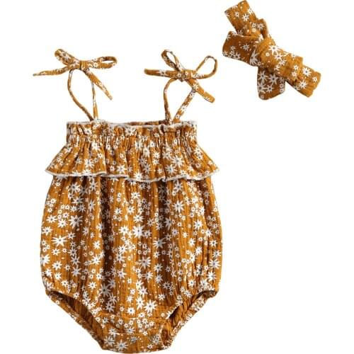 0-24M Newborn Baby Flower Leaves Printing Two-pieces Set Infant Girls Floral Collar Sling Bodysuit + Headband Set