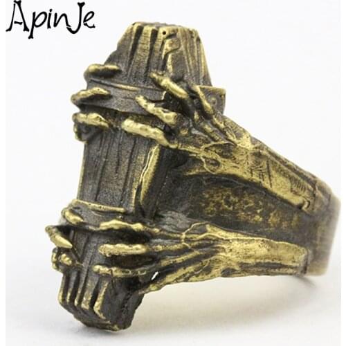 Apinje Brass Ring Coffin Ring for Men Ghoul Hand Rings Fine Jewellery
