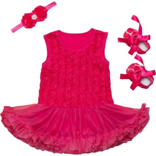 Fashion Summer Baby Dress Clothes Set Toddler Rose Flower Rompers Shoe Headband Baby 3 Piece Suits 1st Birthday Outfits For Girl