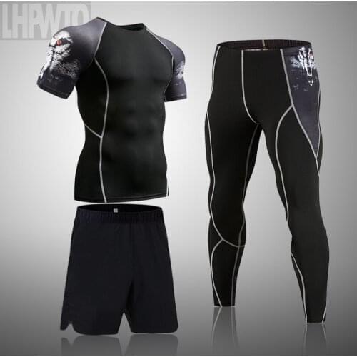 Men Wolf head Compression set Costume MMA Gym Short sleeve T-shirt Mens Sportswear Tights Fitness Trousers Skull Running Set