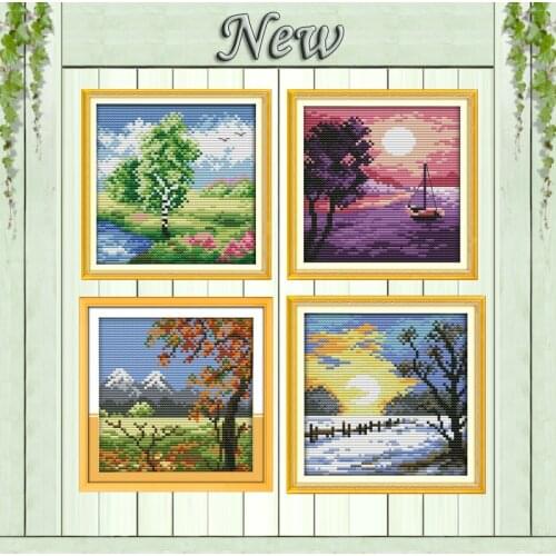 Four seasons countryside scenery river painting counted print on canvas DMC 11CT 14CT Cross Stitch kit embroidery needlework Set