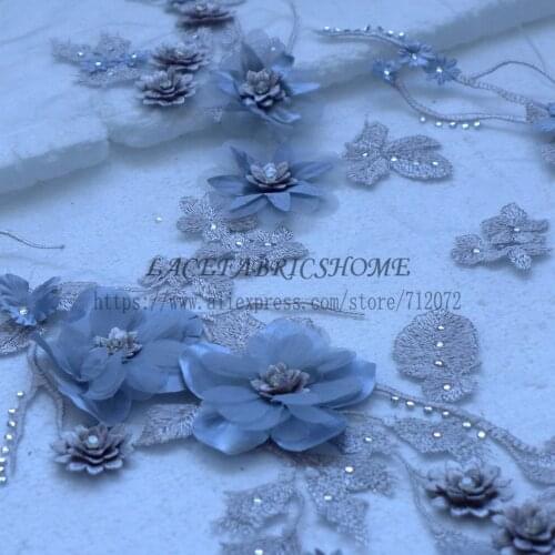 La Belleza New fashion Gray/red/yellow/pink/purple /light blue 3D flowers Rhinestones wedding/evening dress lace fabric 1 yard