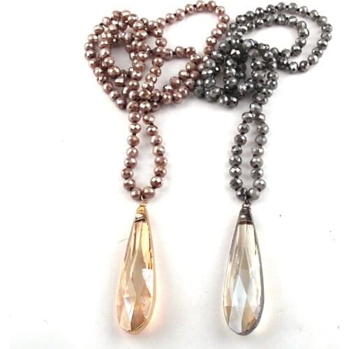 MOODPC Fashion Jewelry Crystal Glass Long Knotted Glass Drop Pendant Necklace Wome Yoga Necklace