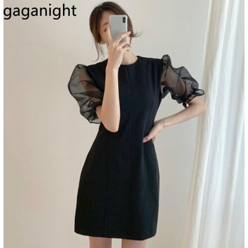Gaganight Lady Sexy Slim Black Dress O Neck Midi Length Chiffon Vestido Patchwork Mesh Puff Sleeve Women Elegant Dresses Summer