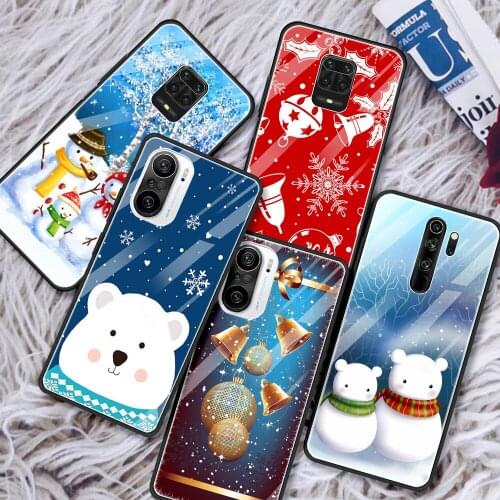 Glass Case For Redmi Note 10 9 9T 9S 8 8T 7 9A 8A K30 K40 Pro Max 5G Silicone Shell Black Cover Cute Merry Christmas snowman