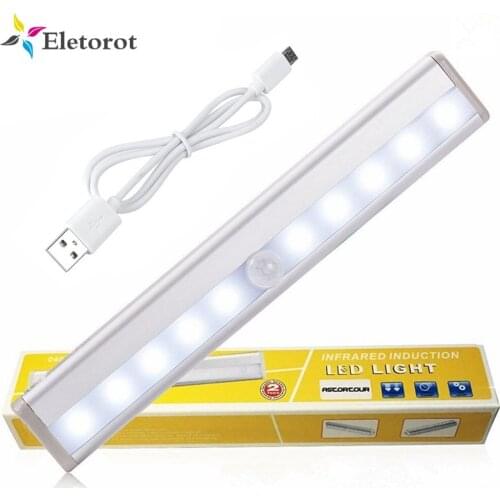 10*LED Motion Sensor Night Light Rechargeable USB Wireless PIR Bar Light for Closet Hallway Bookcase Wardrobe Under Cabinet Lamp