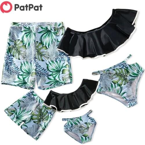 PatPat 2021 New Summer Family Look Ruffle Off-shoulder Solid Top and Leaf Print Shorts Matching Swimsuits
