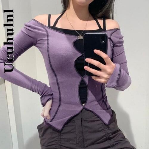 Ucuhulnl Y2K Goth Sexy Purple T Shirt Women Streetwear Hollow Out Long Sleeve T-shirt Harajuku Punk Bodycon Stitch Basic Tops