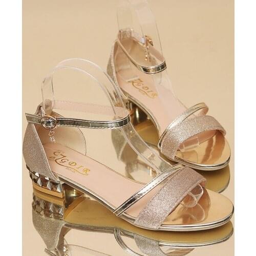 Buckle Strap Women Shoes Woman Sandals 2020 Summer New Sandals Female Word Bling Shine Gold Silver Square Low Heels Casual Shoes