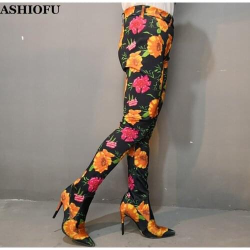 ASHIOFU Handmade New Women High Heel Boots Flower Leather Pants Boots Sexy Stripper Club Evening Fashion Waist Long Boots Shoes