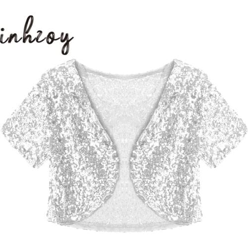 Womens Sequin Jacket Short ​Sleeve Open Front Glitter Cropped Blazer Bolero Shrug Cardigan Top