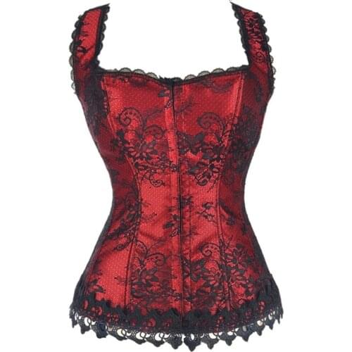 Women Sexy Red Floral Boned Lace Up Halter Bustier Corset Top G-string Red Wedding Lingerie with Suspender