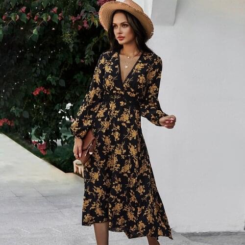 Womens long Dress 2021 New Spring summer long sleeve dresses for lady fashion V-neck floral printed women long dresses