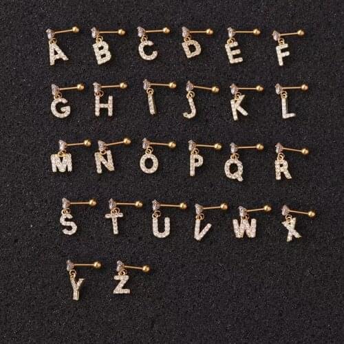 1pc Fashion 26 English Initial Letters Stud Ear Stainless Steel Body Piercing Alphabet Stud Earring Screw Ball Back BE0002