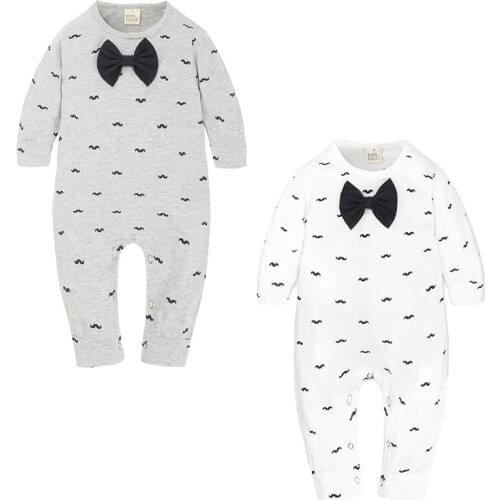 2021 Newborn Baby Clothing Bow Tie Gentleman Rompers Infant Boys Cotton Beard Printed Long Sleeve Jumpsuit Baby Clothes