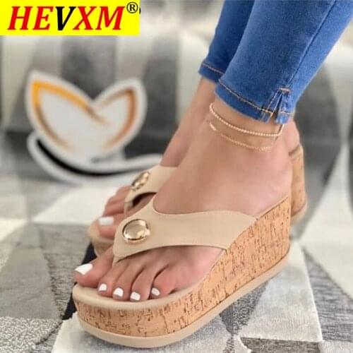 2021 Women Summer High Heel Slippers Platform Sandals Ladies Wedges Solid Flip Flops Shoes Girl Outdoor Beach Slippers Plus Size