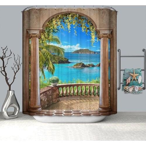 Balcony beach scenery shower curtain waterproof sea bathroom curtain polyester fabric