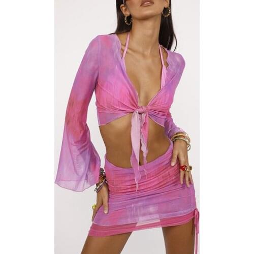 Wsevypo Tie Dyed Two-Piece Skirts Sets Womens Mesh Suits Tied Front Long Flare Sleeve Crop Tops+Draswstring Ruched Skirt