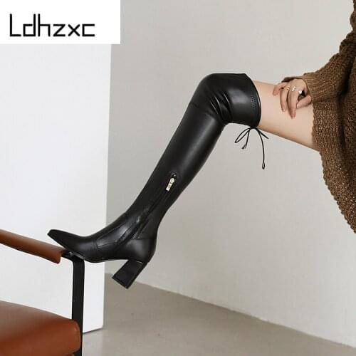 LDHZXC 2020 over the knee boots Womens Ladies Chunky Black Patent Leather high heel Boots snow winter New Arrival big size 34-46