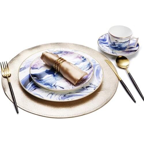 Ceramic Dinnerware Set Flat Plate Food Tray Watercolor Painting Design Dinner Steak Salad Plate Serving Dishes Golden Edge Tray