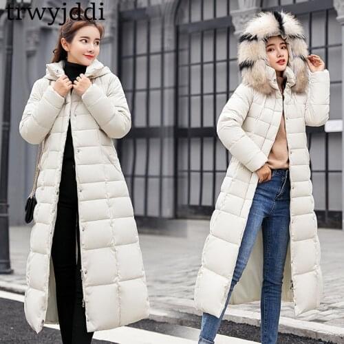 2020 NEW Fashion Winter Jacket Women Big Fur Belt Hooded Thick Down Parkas X-Long Womens Jacket Coat Slim Warm Winter Colthing
