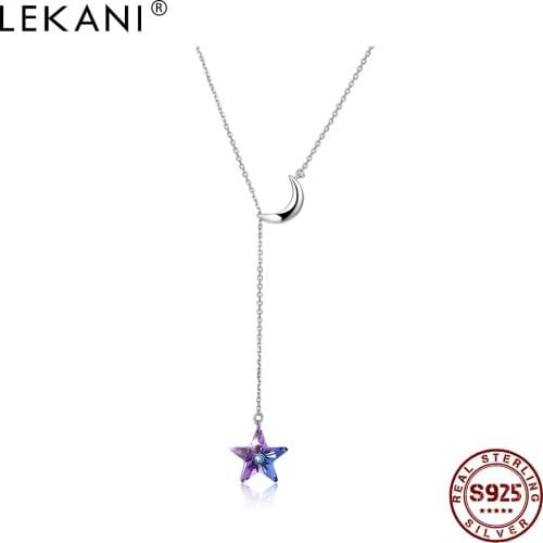 LEKANI 925 Sterling Silver Moon Star Necklace For Women Purple Austria Crystal Long Chain Double Pendant Necklaces Fine Jewelry