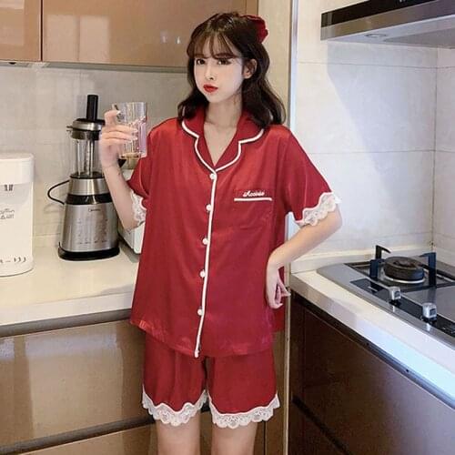 2Pcs Pajamas Set Summer Woman Pajama Short Sleeve Shorts Suit Female Satin Sleepwear Lace Sexy Nightwear Ladies Home Clothes Pjs