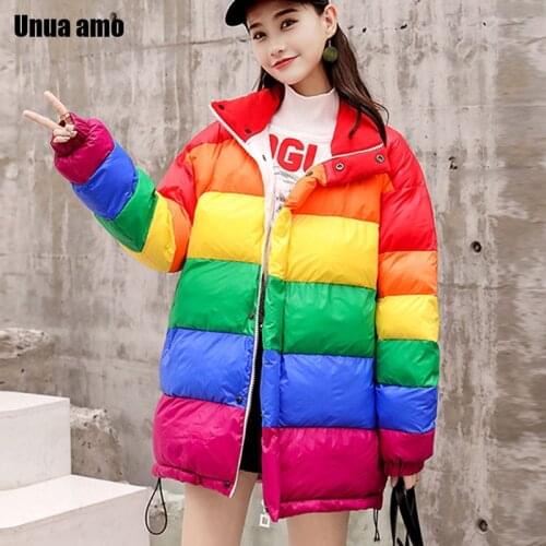 Unua amo Winter Down Jacket Plus Size Womens Parka Coat 2021 Loose Fit Casual Stylish Rainbow Striped Puffer Jacket Women