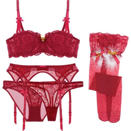 Sexy Lace 1/2 1/2 Cup Bra Set Christmas Valentines Day Temptation Stockings G-string 5 pieces