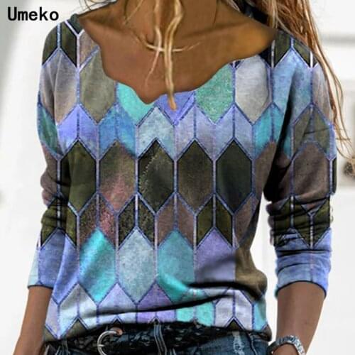 Umeko Female T-Shirt Geometric Print V-Neck Long Sleeve Base Shirt Pullover Female Fashion Long Sleeve Autumn Party Office Tops