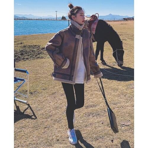 Women 2021 Autumn Winter New Warm Coats Female Thickness Faux Leather Fur Sheepskin Jacket Aviator Outwear Casaco Feminino C402