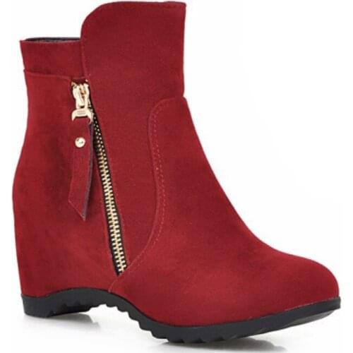 Ladys Zipper Martin Boots Big Size 11 12 Flock Leather Add Fur Winter Height Increasing Wedges Heels Booties Girl Botas Pumps