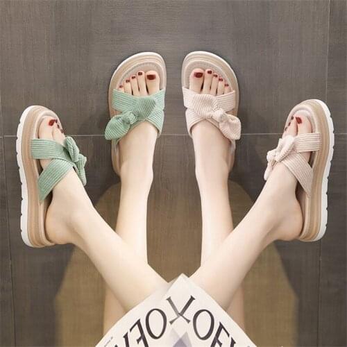 Womens Slippers Summer BowknotThick-soled Slippers Womens Outdoor Sandals Shoes Womens Slippers Wedges and High Heels New