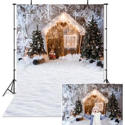 Winter Christmas Backdrops For Photography Snow Wooden House Dolls Tree Fruit Dreamy World Photography Background Photo Studio