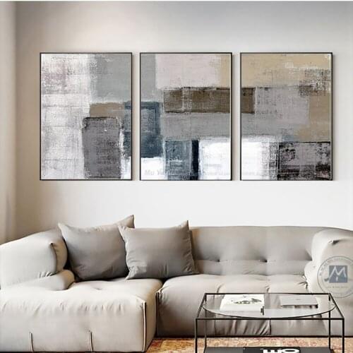 Large hand-painted abstract oil painting on canvas 3 piece picture wall painting grey wall art canvas for living room wall art