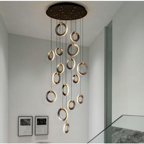 Duplex Rotating Staircase LED Chandelier Dining Living Room Aluminum Rings Modern Luxury Villa Lobby Black/Gold Hanging Light