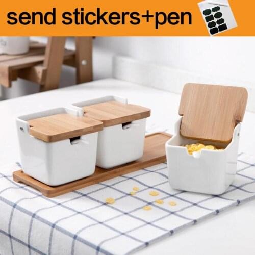 Ceramic Seasoning Rack kitchen Spice Pots Bowls With Spoon & Porcelain Box and Bamboo Cover - Storage Container Condiment Jars