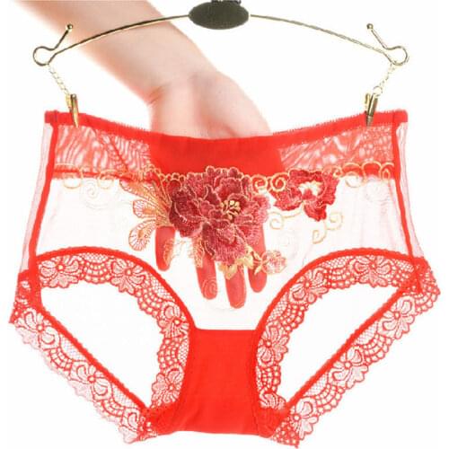 Plus Size Lace Embroidered Panties Ladies Sexy Mid-waist Seamless Mesh Transparent Briefs Cotton Crotch Thong Adult Sex Clothing