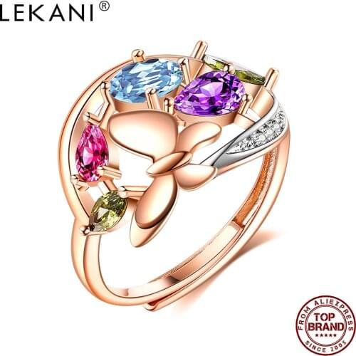 LEKANI Butterfly Shape Ring For Women Colorful Zirconia Rose Gold Rings Fashion Jewelry Romantic Anniversary Gift To Girlfriend