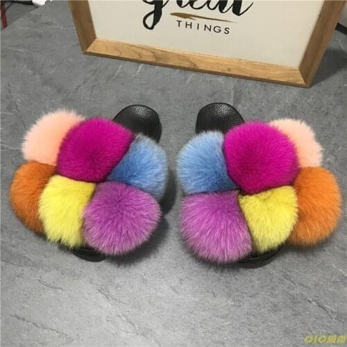 Summer Women Slippers Fur Slides For Women Fluffy Slippers House Female Shoes Woman Slippers With Fur Pom Pon Furry Slides