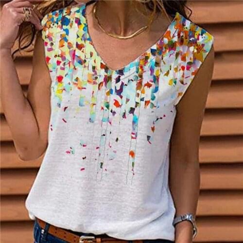Summer New Style Womens V-neck Casual Vest Bottoming Shirt Printed Vest Europe And America Sleeveless T-shirt