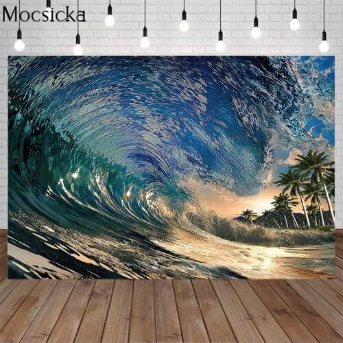 Mocsicka Summer Surfing Backdrops Tropical Adventure Birthday Photography Background Palm Trees Sea Wave Decor Prop Photo Studio
